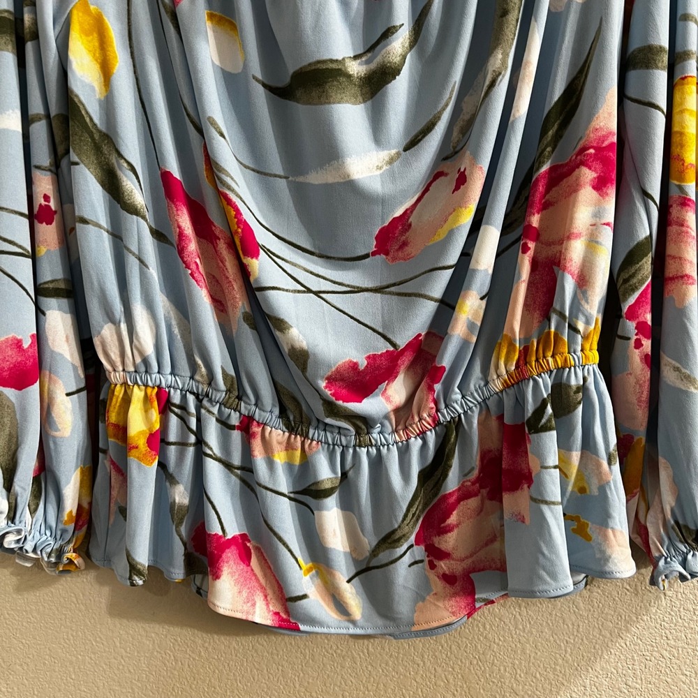 White House Black Market WHBM Blue Floral Tulip Off The Shoulder Peplum Blouse L - Picture 5 of 7
